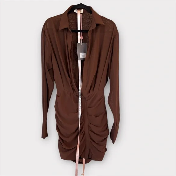 HOUSE of CB Small NWT CLEO Chocolate Chiffon Shirt Dress - Picture 11 of 16